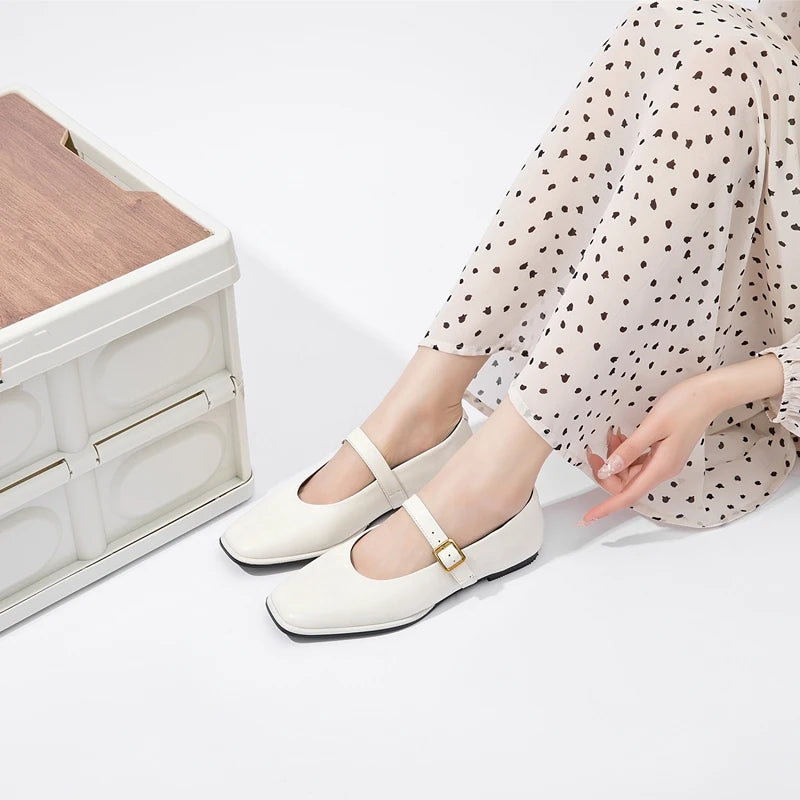 AIYUQI Mary Jane Shoes Female Genuine Leather 2026 New Snap Ballet Shoes Women Square Toe Flat Cowhide Ladies Shoes Pi-Mart