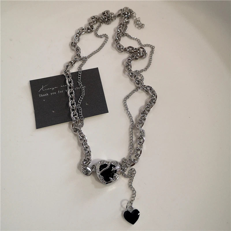 Punk Rock Black Heart Cross Pendant Chain Necklace For Men Women Cool Hip Hop Street Vintage 90s Y2K Grunge Goth Accessories Pi-Mart