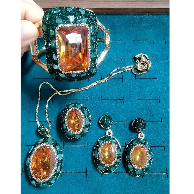 Round Colored Change Sultanite Crystal Bangle Rings Sets for Women Necklace Earring Rings Golden Green Zultanite Quartz Jewelry Pi-Mart