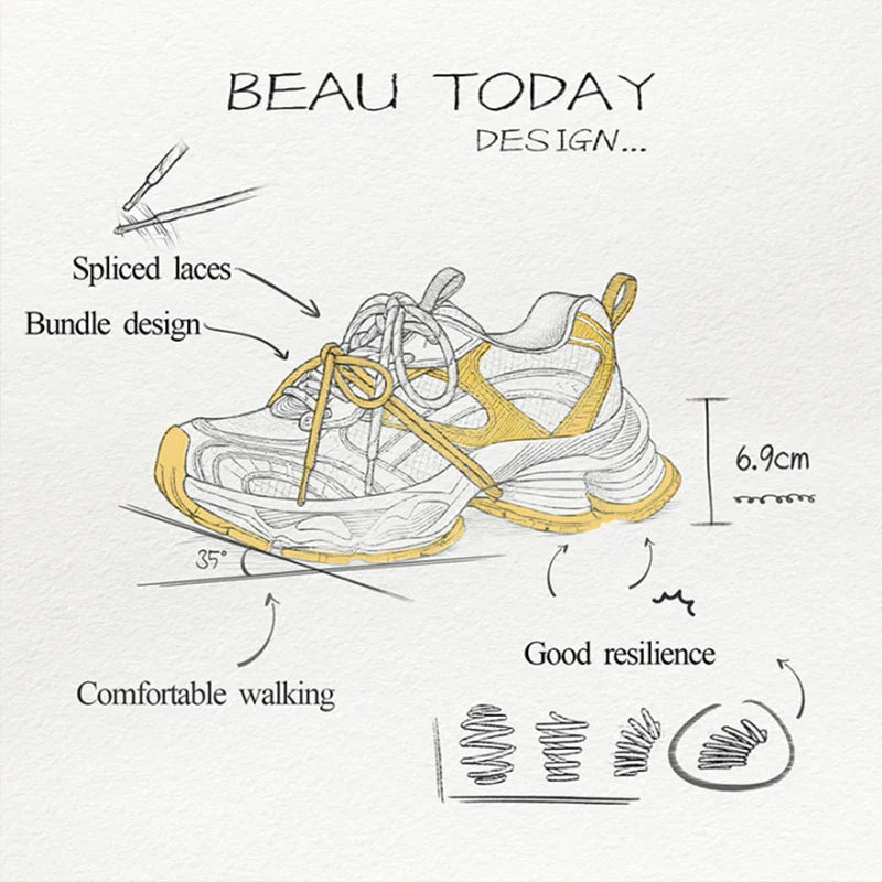 BEAUTODAY Chunky Sneakers Women Synthetic Leather Mesh Round Toe Lace-up Sports Trainers Ladies Patchwork Shoes Handmade 29A51 LadyShow.Store