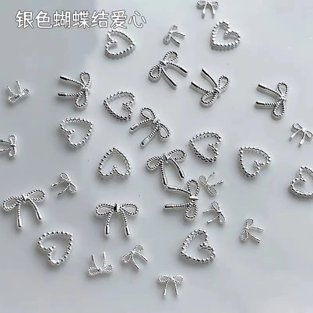 2Sizes Bowtie Love Nail Parts Nail Charms Korea Mini Silver Ribbon Bow tie Alloy Nail Art Accessories 3D Luxury Nail Decorations Pi-Mart