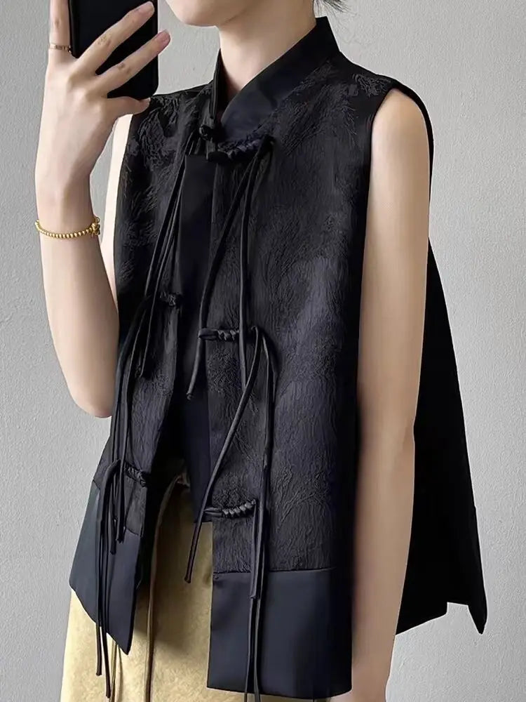 2026 spring new chinese new style plate buckle waistcoat jacket jacquard stand collar sleeveless retro women cheongsam waistcoat Pi-Mart