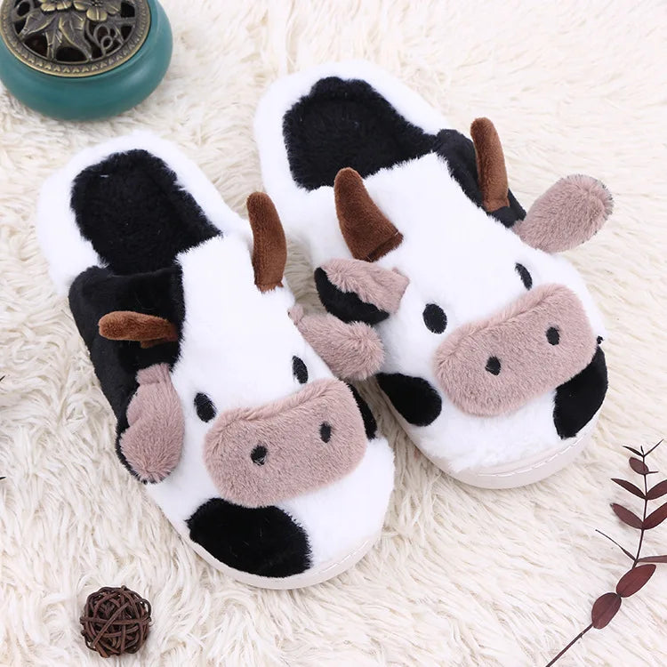 Winter Home Slippers for Couples Warm Plush Neutral Cartoon Cow Indoor Anti Slip Comfortable Cotton Slippers for Men and Women LadyShow.Store