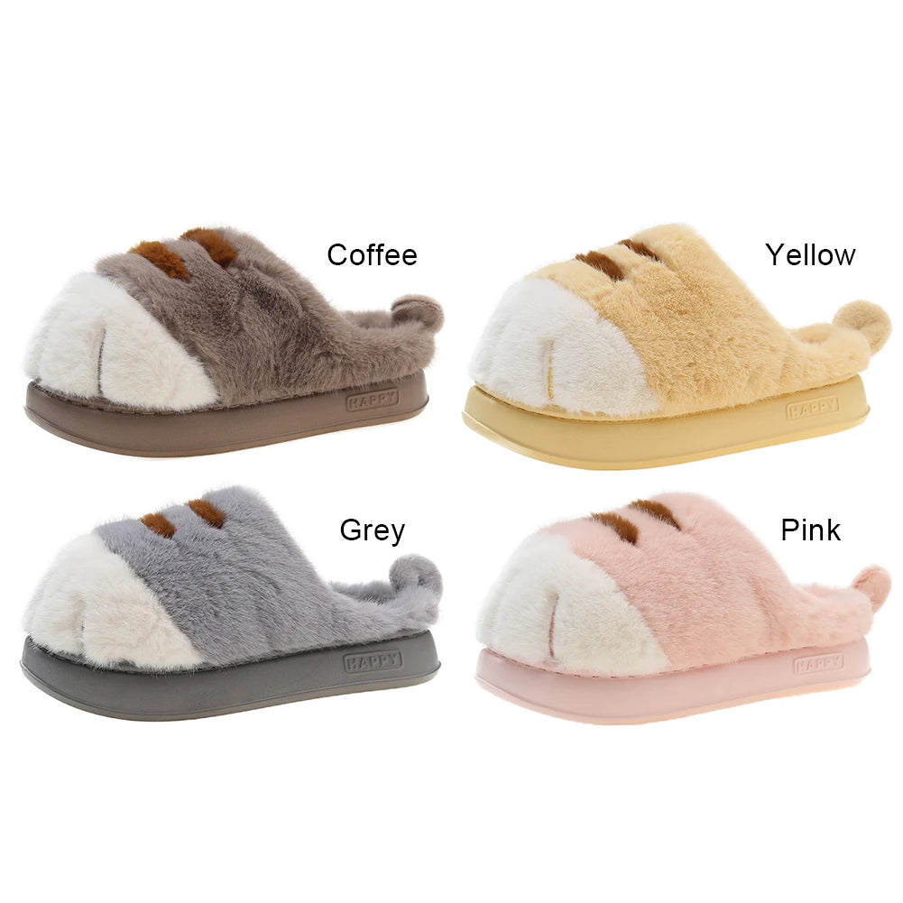 3D Cat Paw Plush Slippers Warm Slip-on House Shoes Anti Slip Flat Thermal Slippers Furry Paw Couple Slippers for Autumn Winter Pi-Mart