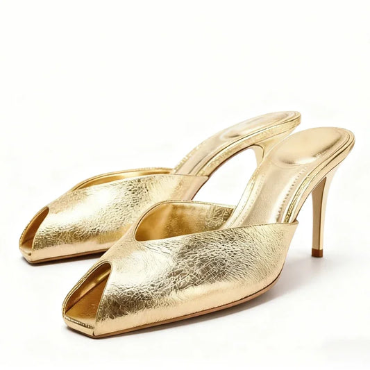 Luxury Designer Gold Heeled Slippers Women Sexy Open Toe Elegant Slide Sandals for Ladies Wedding Bridal Pumps Zapatos De Mujer LadyShow.Store