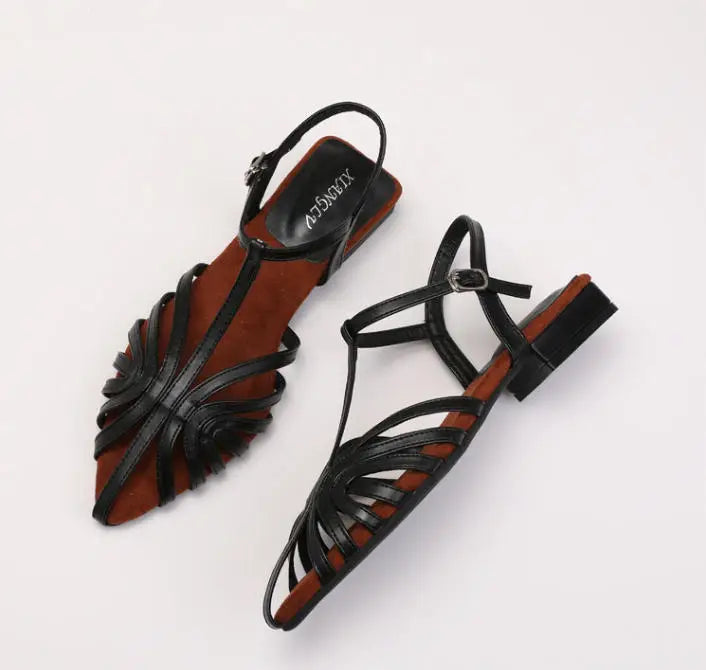 ZAROY Women Roman Sandals Summer Low Heel Ankle Strap Buckle Sandals Pointed Toe Hollowed Out T-strap Sandalias сандали LadyShow.Store