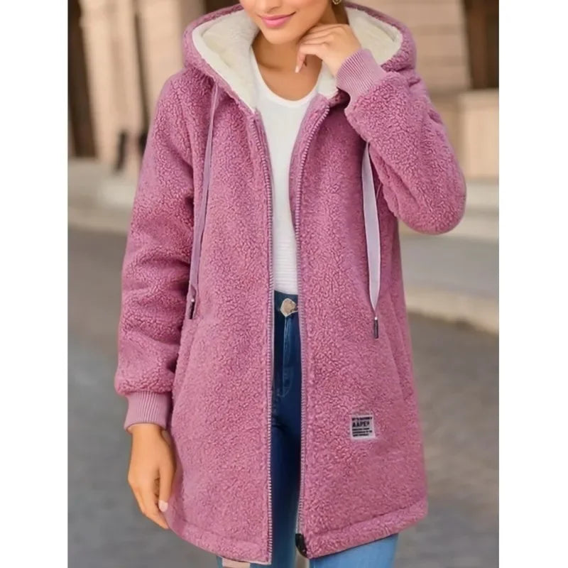 Women's Hooded Top  Winter Coat Thickened Fleece-lined Sweatshirt Cardigan Winter Trendy New Style Lamb Wool Jacket Ladies Pi-Mart