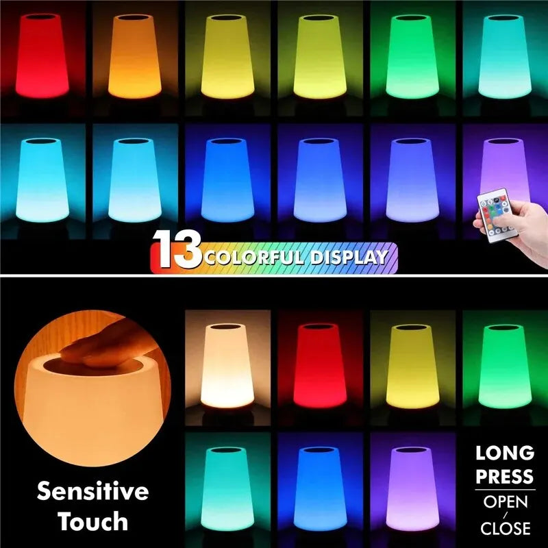 13 Color Changing Night Light Remote Control Touch USB Rechargeable RGB Night Lamp Dimmable Lamp Portable Table Bedside Lamp LadyShow.Store