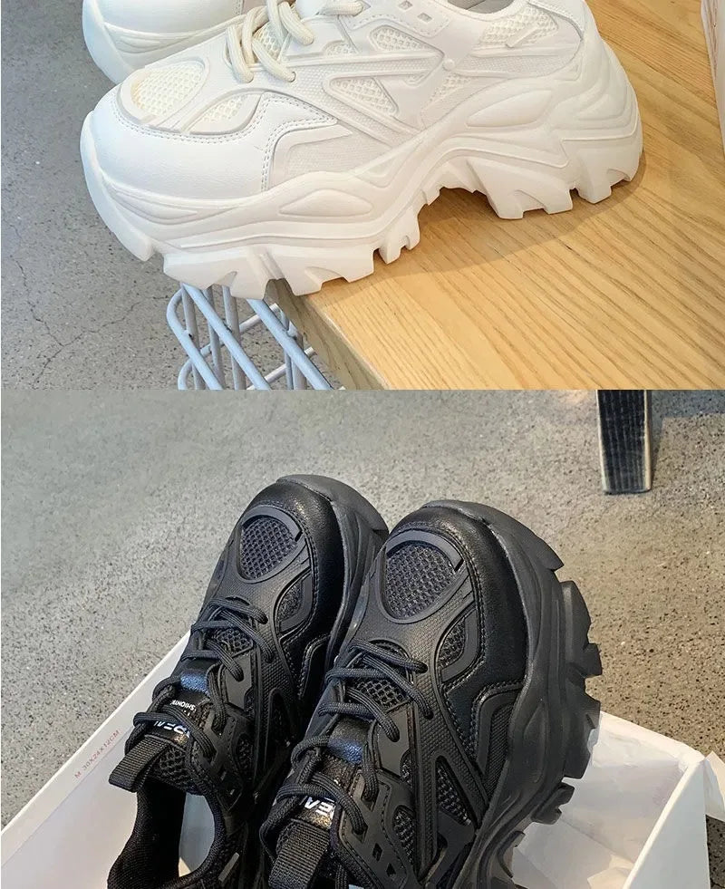 Women New Fashion Platform Sport Shoes Women 2024 New Summer Black Casual Chunky Sneakers Women Mesh Leather Platform Shoes Pi-Mart