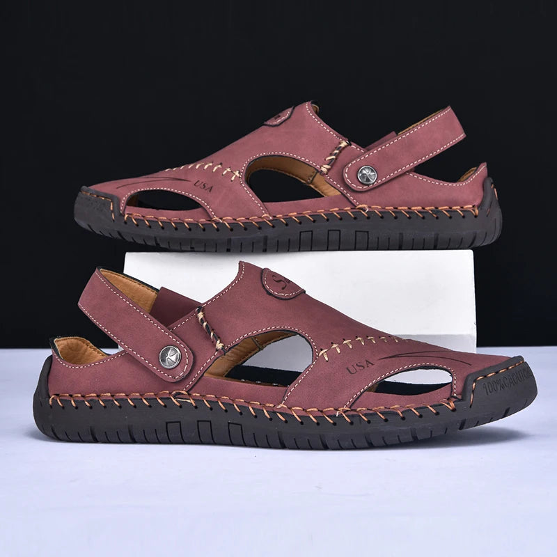 New Handmade Summer Sandals Men Breathable Leather Shoes Man Outdoor Men Sandals Antiskid Beach Sandals Hollow Shoes Fashion Pi-Mart