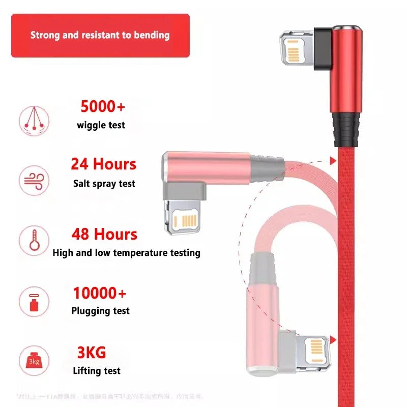 90 Degree USB Cable For iPhone 14 13 12 11 Pro Max X XR 6s 7 8 Plus 2m 3m Lead Mobile Phone Fast Charging Cord Data Charger Wire Pi-Mart