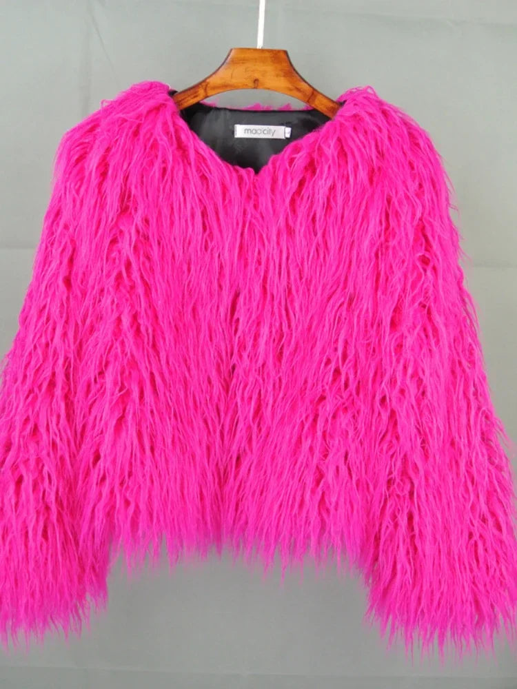Colorful Warm Faux Women Fur Coat  Black White Pink Plush Coat Female Jacket Fur Autumn Winter Shaggy Outerwear High Street 2025 LadyShow.Store