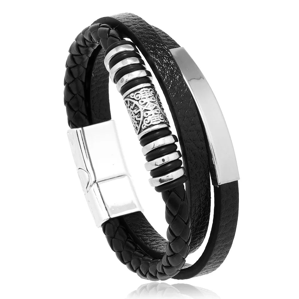 Trendy Leather Bracelets For Men Stainless Steel Bracelet 21CM Multilayer Braided Rope Bracelets for Male Jewelry Gifts Pi-Mart