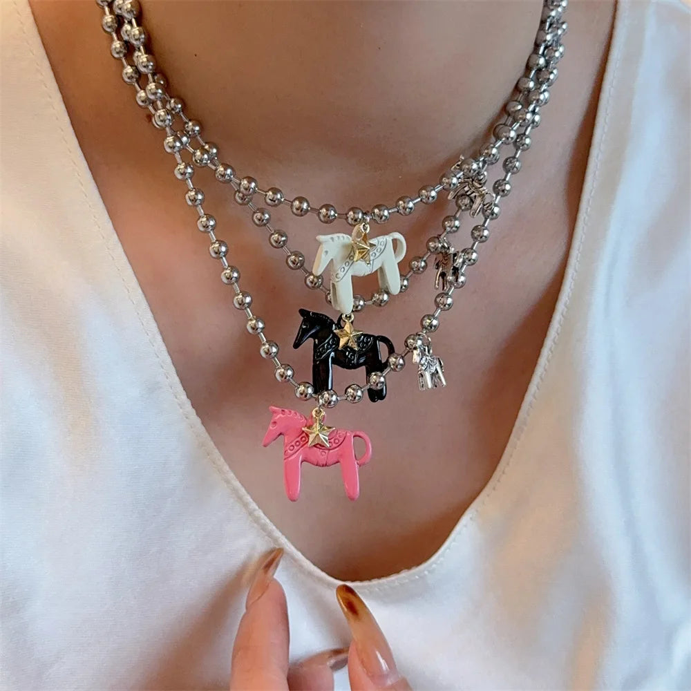 LATS White Black Green Blue Pink Color Enamel Colt Horse Pendant Necklaces for Women Silver Plated Alloy Beads Chain Chokers Pi-Mart