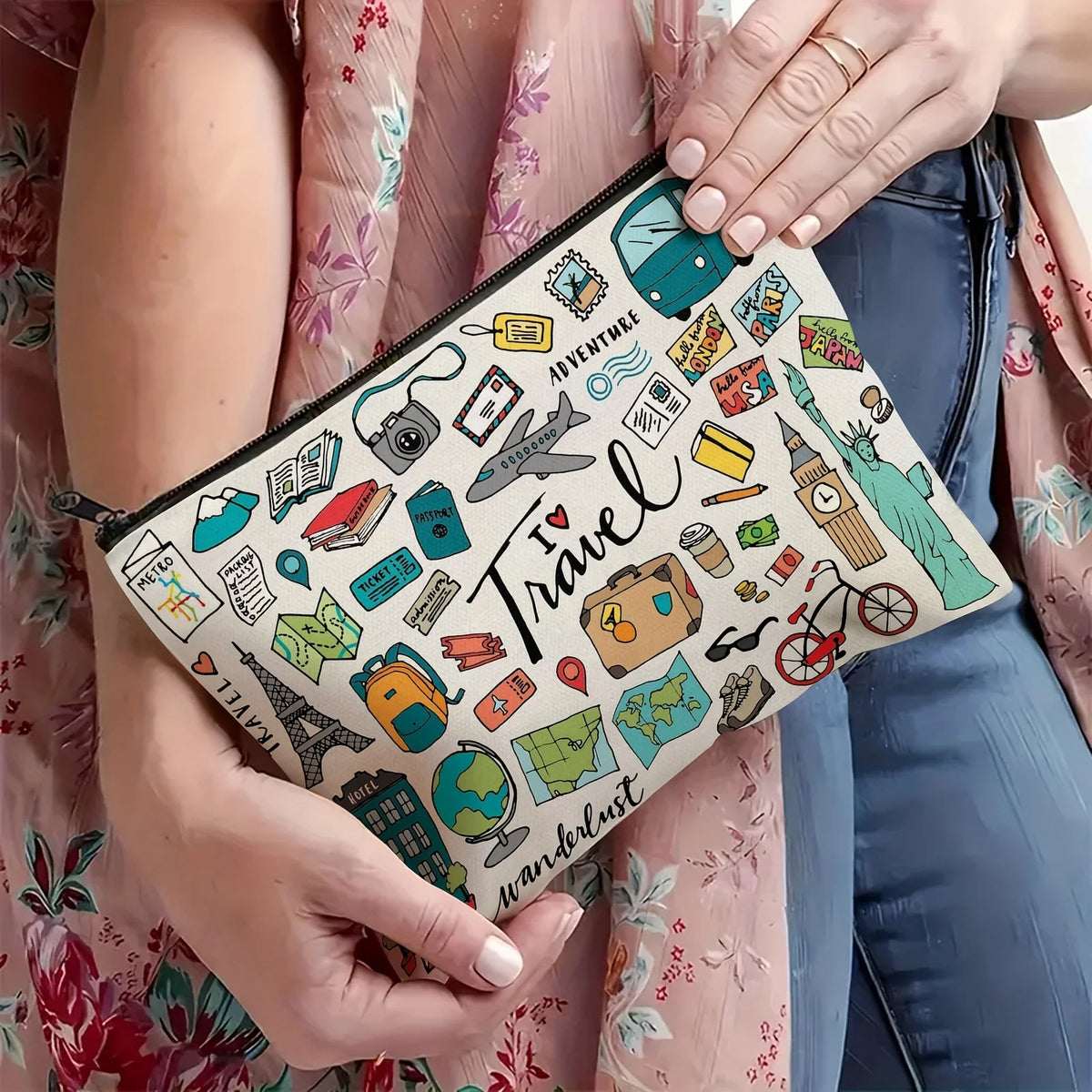 1 Travel-Themed Illustrated Makeup Bag - Multifunctional Zipper Pouch for Women, Jewelry Storage Bag, Perfect Travel Zipper Organizer, Fun Birthday Gift Pi-Mart