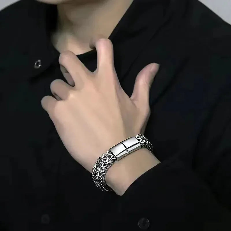 1pcs Men's Stainless Steel Braided Chain Bracelet, Punk Rock Wristband, Magnetic Clasp, Fashion Jewelry Gift for Him Pi-Mart