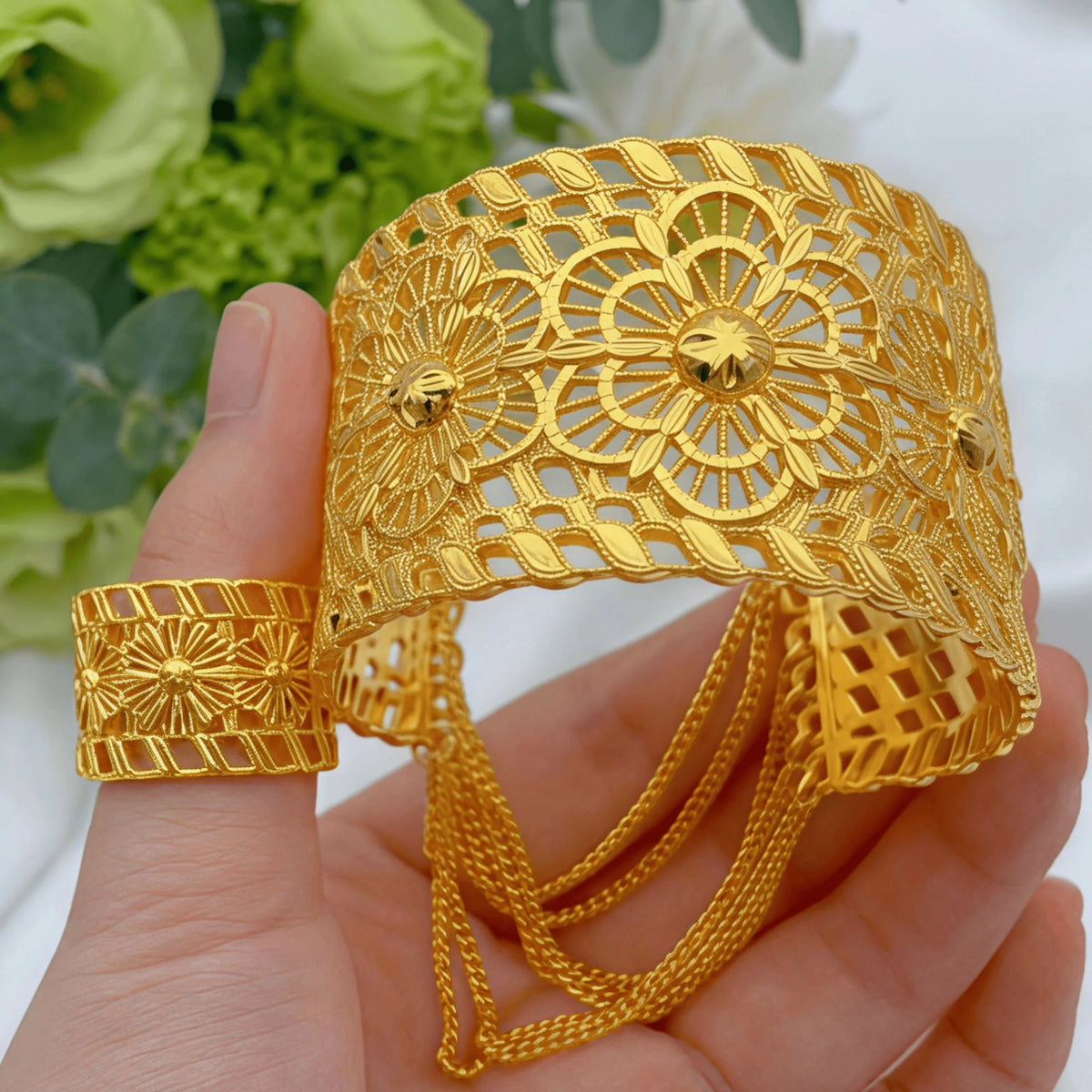 Indian Gold Color Tassel Bracelets Ring For Women Dubai African Hard Charm Bangles Wedding Arabic Hand Jewelry Party Gifts Pi-Mart