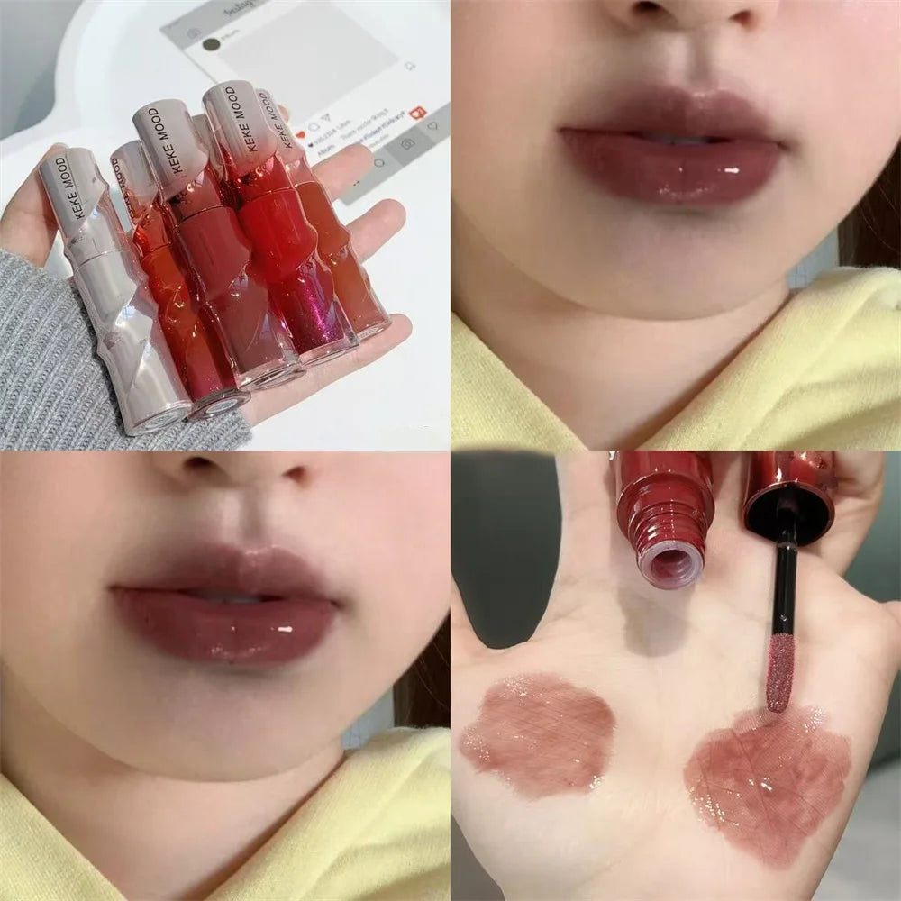 Crystal Nude Gray Glossy Lip Stain Mirror Korean Lip Glaze Sheer Nude Glitter Lip Tint Watery Shine Plumping Lipgloss Cosmetics Pi-Mart