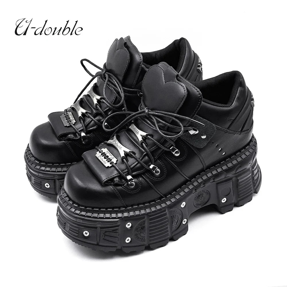 2026 New Punk Style Women Shoes Lace-up Heel Height 6CM Platform Shoes Woman Gothic Ankle Rock Boots Metal Decor Woman Sneakers LadyShow.Store