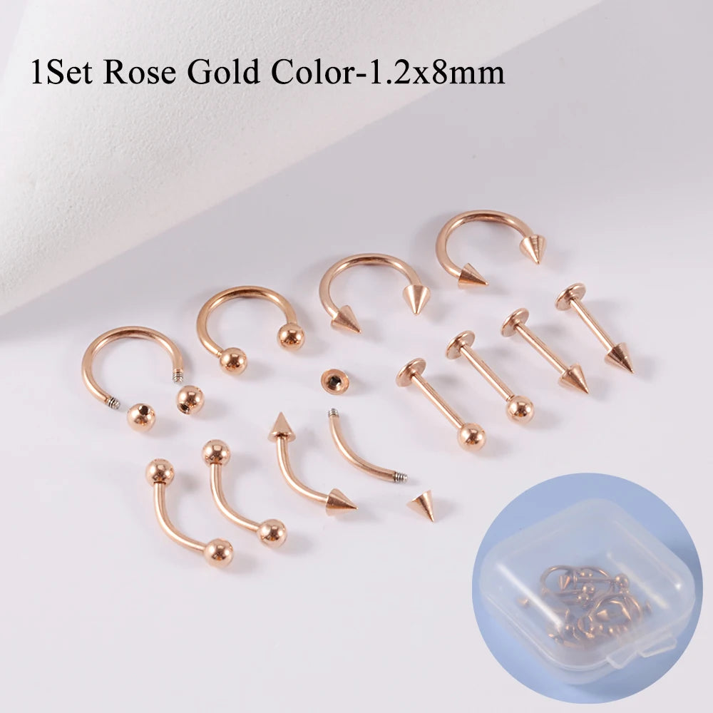 12pcs/Set Surgical Steel Silver Color Gold Plated Black Rainbow Ear Nose Eyebrow Labret Basic Piercing Jewelry Set 8mm Pi-Mart