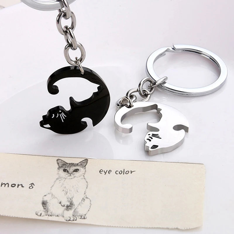 Cute Hug Cat Keychain Creative Patchwork Heart Round Keyring Couple Lovers Key Chains Bag Pendant Car Keyholder Accessories Gift Pi-Mart