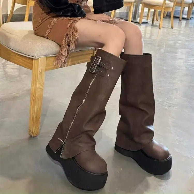 2026Arrival Fashionable Wide-Leg Knight Long Boots with Inner Elevator & Thick Sole, Side Zipper, Belt Buckle and Slouchy Design LadyShow.Store