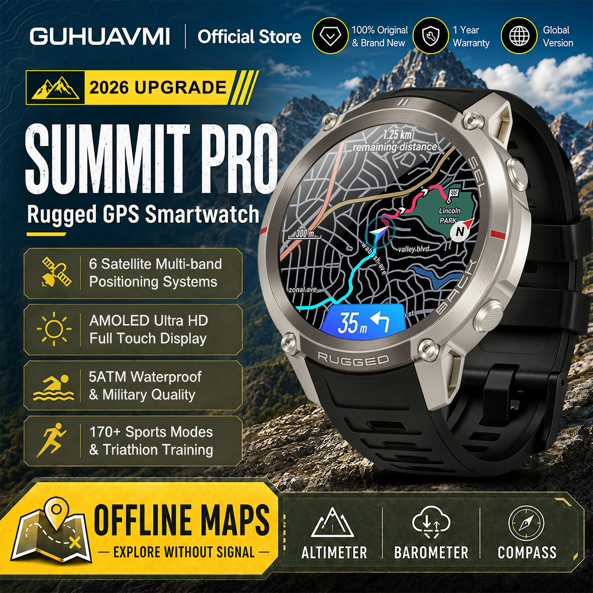 2026 Military Satellite Offline Map GPS Smart Watch Men 1.43''AMOLED Bluetooth Call Compass 5ATM Waterproof 170+Sport Smartwatch Pi-Mart