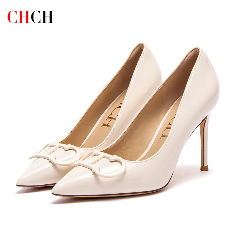 CHCH Women's High Heels New Pointed Metal Buckle Party Carnival Women's Shoes 9cm LadyShow.Store