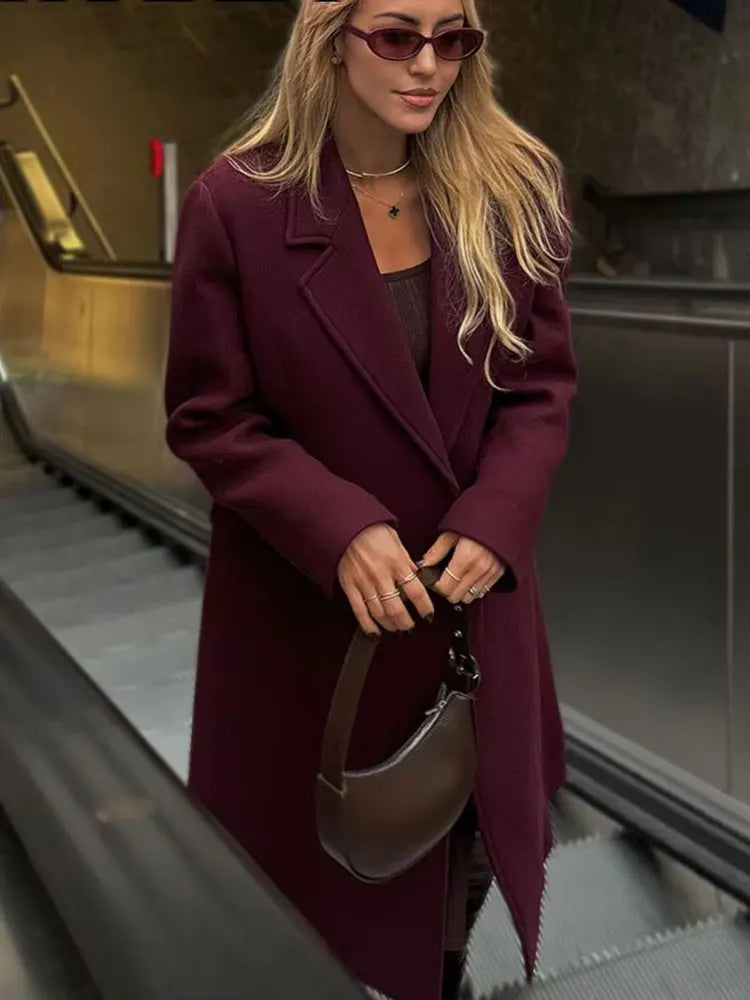 HH Women Fashion Burgundy Coat Double Breasted Long Sleeve Lapel Blends Jacket Autumn Winter High Street Outerwear LadyShow.Store