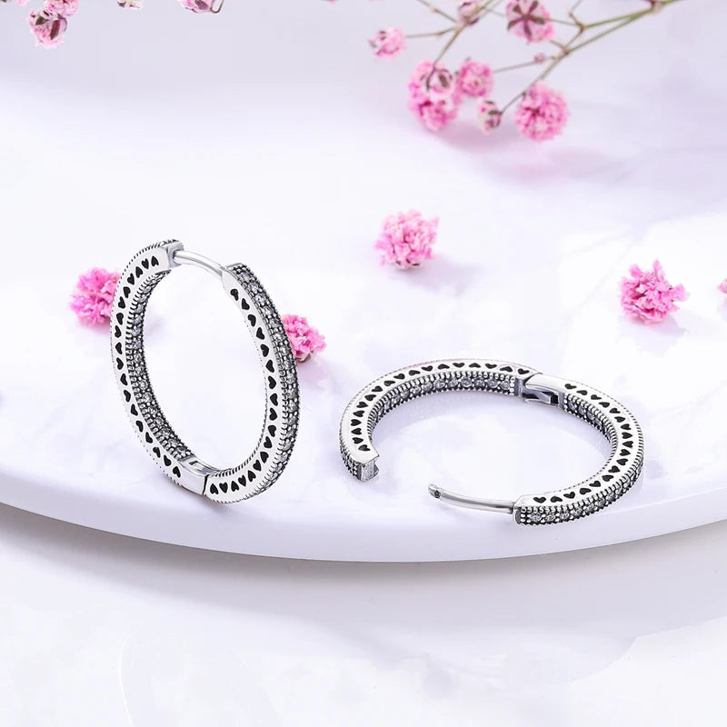 Genuine 925 Sterling Silver Love Feather Earrings Fit Original Charms Hoop For Women Girls Stud Earring Fine Jewelry Gifts Pi-Mart
