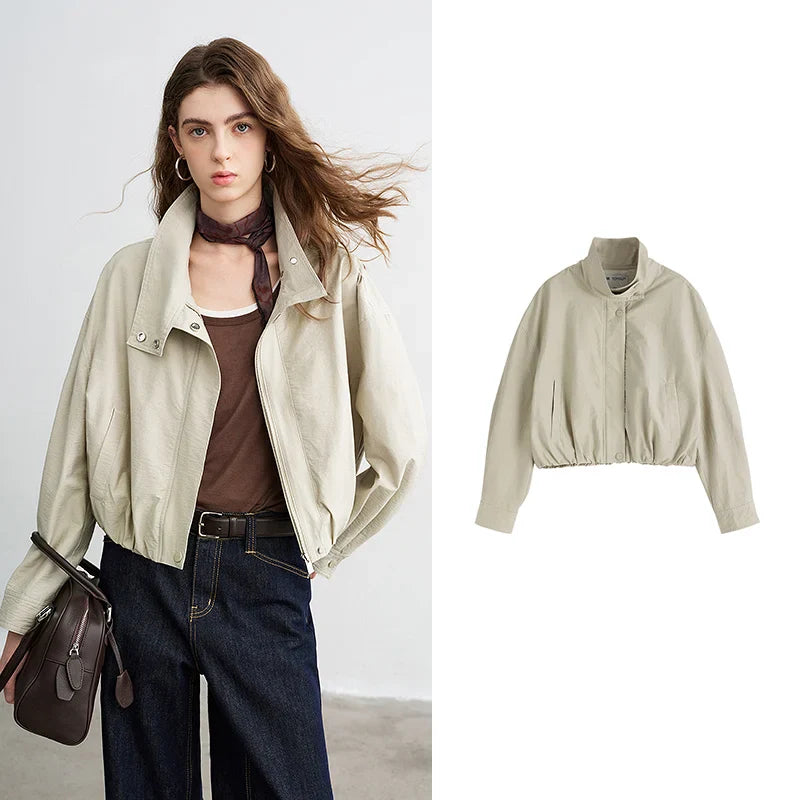TOYOUTH Women Slub Cotton Jackets 2026 Spring New Cropped Tulip Silhouette Striped Cuff - Turn Up Stand Collar Tops LadyShow.Store