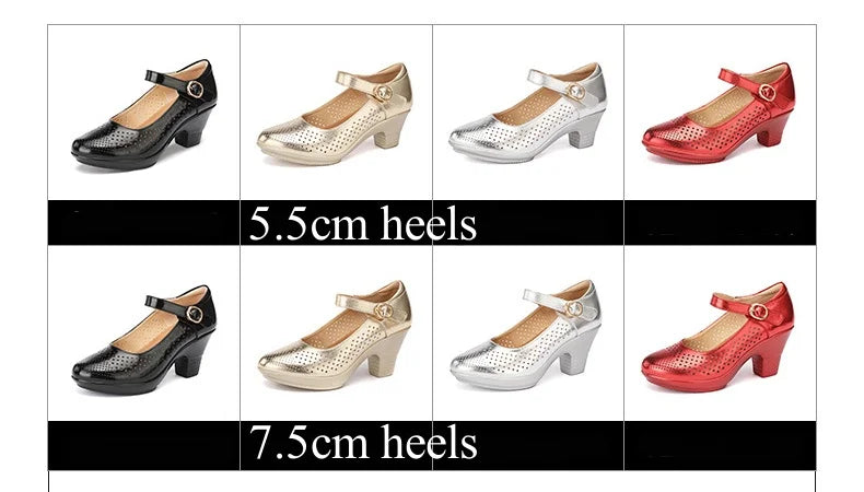 5.5cm 7.5cm Small Size 33 Breathable Cutout Block Heels Shoes Mary Janes 2026 Soft Leather Platform Pumps for Mom Dance Model Pi-Mart