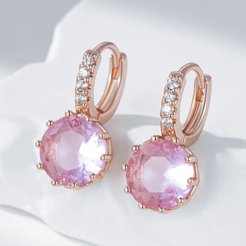 Kinel Hot Shiny Pink Natural Zircon Bride Drop Earrings for Women Fashion 585 Rose Gold Color High Quality Daily Fine Jewelry Pi-Mart