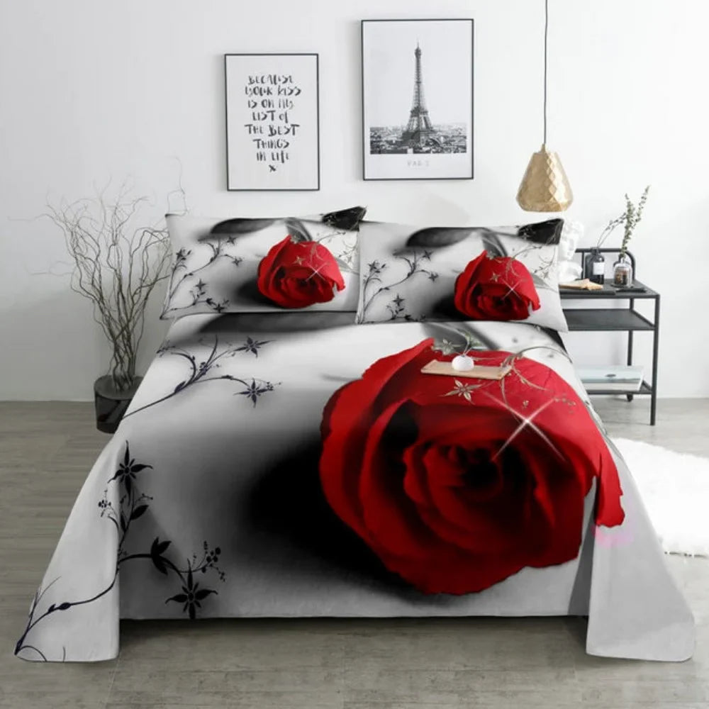 Pink Rose Bed Sheet Sets 3D Print Flowers Bed Flat Sheet for Women Girls King Queen Full Twin Size 2/3pcs Bed Linen Room Decor LadyShow.Store
