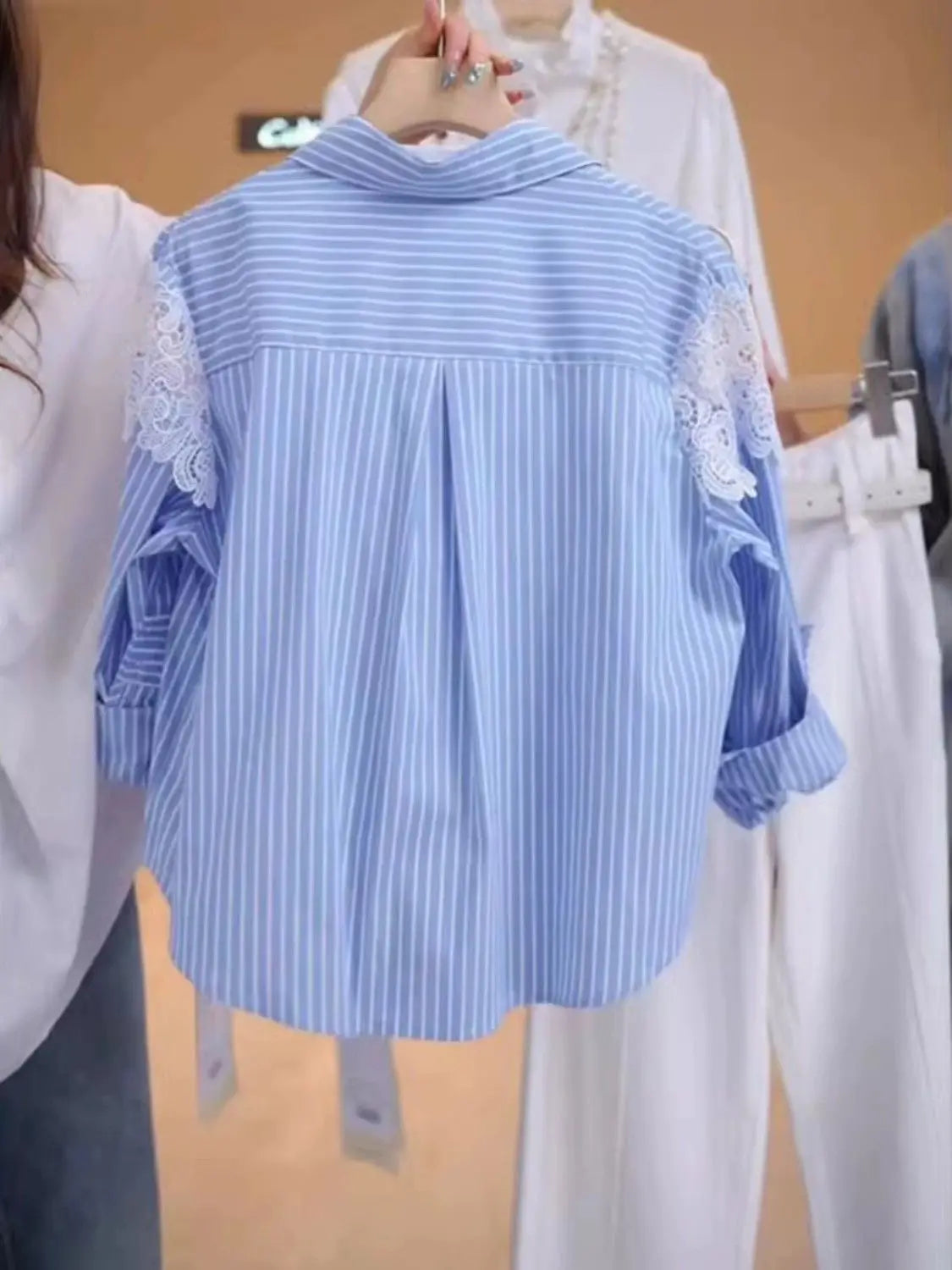Lace Hook Splicing Polo Neck Striped Women Shirt Spring New Loose Jacket Top LadyShow.Store