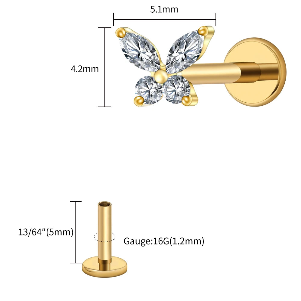 Right Grand ASTM F136 Titanium 16G Mini Butterfly CZ Labret Tragus Cartilage Conch Forward Helix Stud Nose Piercing Body Jewelry Pi-Mart