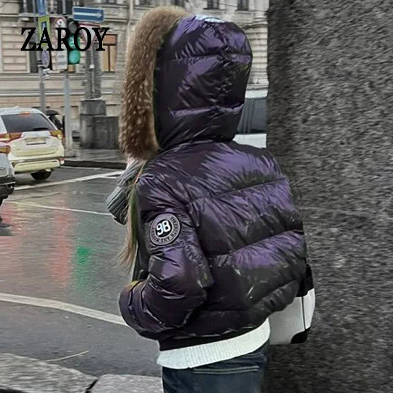 ZAROY Faux Fur Hooded Cotton Puffer Jacket Women Winter Quilted Zipper Pocket Coat Y2K Retro Padded Parkas High Street Outerwear LadyShow.Store