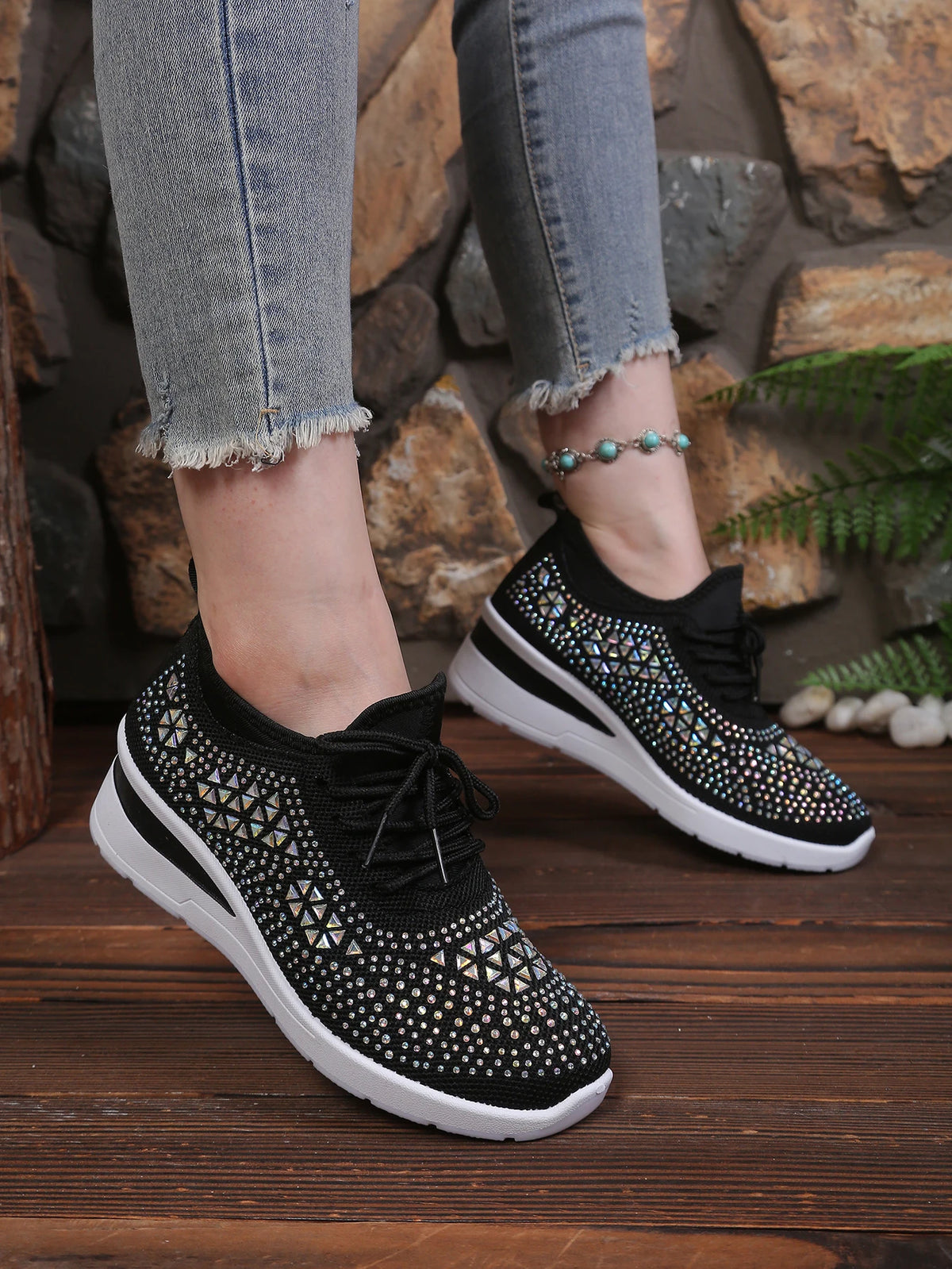 Women's Rhinestone Embellished Knit Mesh Wedge Sneakers, Adjustable Lace-Up Closure, Daily Walking Casual Footwear Pi-Mart
