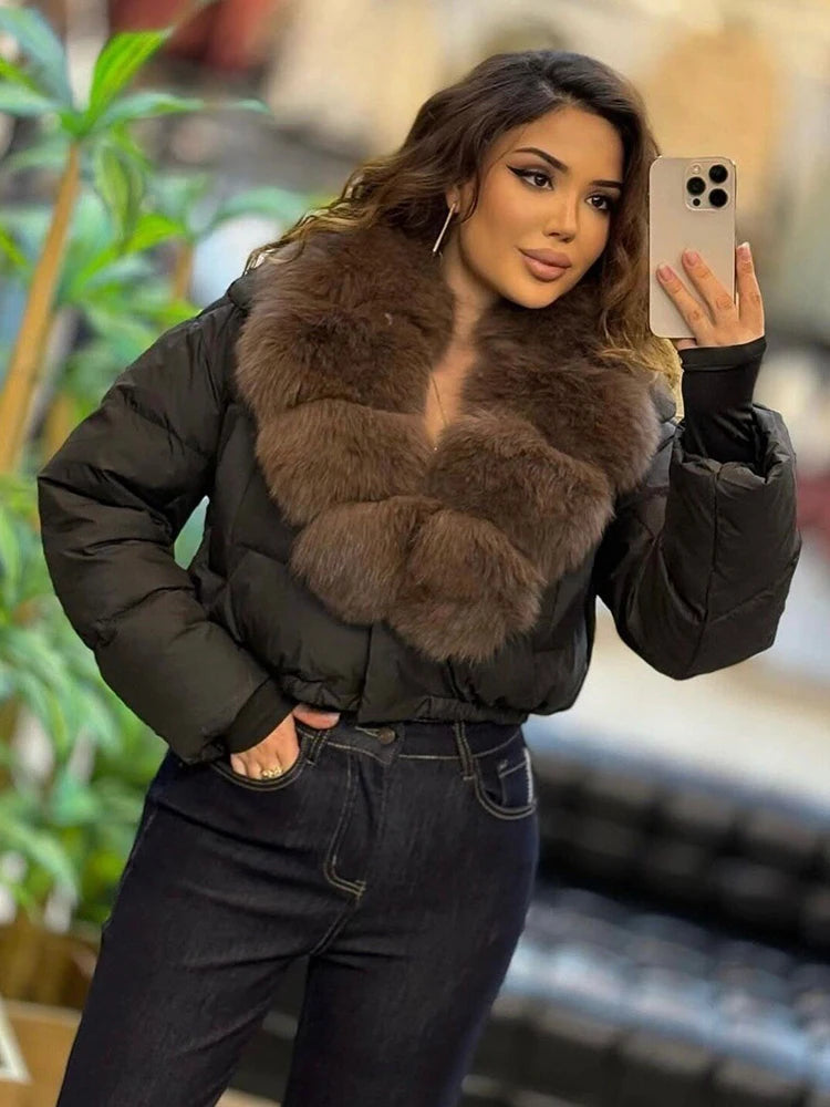 Luxury Thick Faux Fox Fur Collar Cropped Puffer Coat Women Oversized Lapel Zip Up Short Warm Windproof Winter Outerwear Jacket Pi-Mart