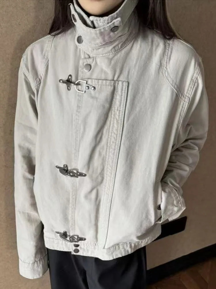 Vintage Cropped Jackets Women Harajuku Casual Slim Fit Zipper Coat Y2K Streetwear Long Sleeve Outerwear Autumn New Arrival Pi-Mart