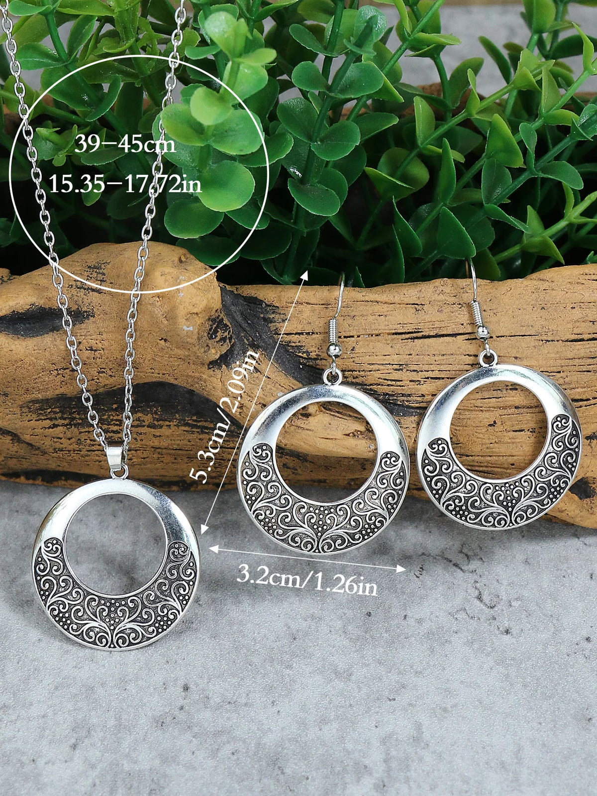 Vintage Ethnic Style Silver Pendant Earrings Necklace Set Round Ring Simple Carved Women's Style Earrings Necklace Combination Pi-Mart