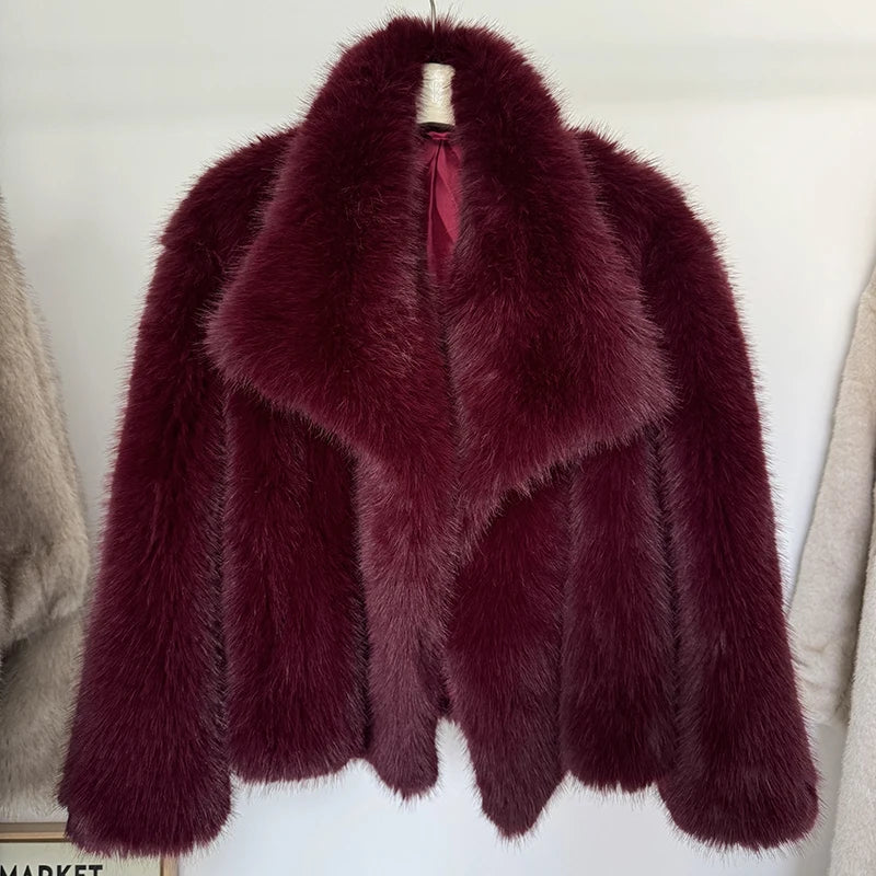 2024 Winter New Fashion Gradient Fluffy Fur Coat Women High Street Luxury Big Fur Collar Faux Fox Fur Jacket Female Overcoats LadyShow.Store