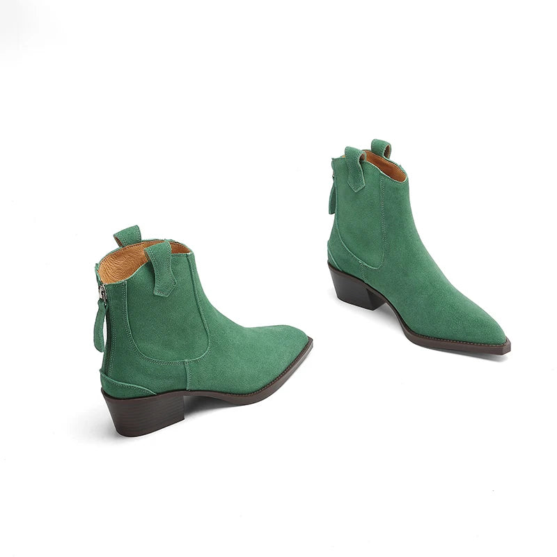 New 2025 Trend Autumn Winter Cow Suede Women Western Boots Black Brown Khaki Purple Green Burgundy Pointed Toe Lady Ankle Boots Pi-Mart
