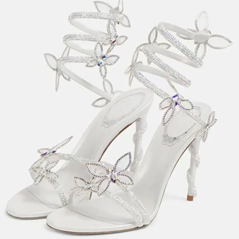 Aneikeh Sexy CRYSTAL Flower Narrow Band Ankle Strap Sandals Woman Thin High Heels Street Style  Pole Dancing Ladies Shoes LadyShow.Store