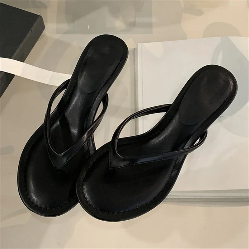 Aneikeh 2026 Fashion Thin Heels Slippers Women Round Clip Toe Slides Sandals Summer Flip Flops Female Shoes Mules Slides LadyShow.Store