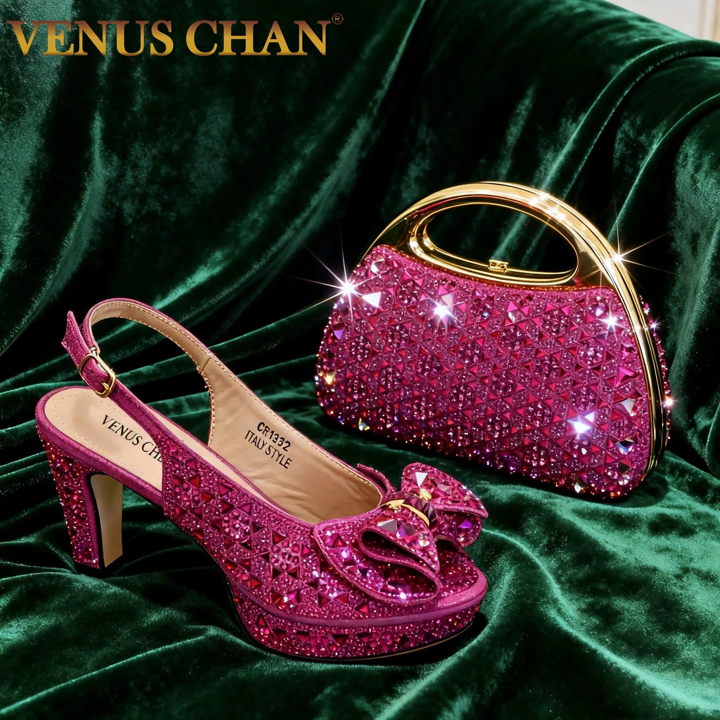 Elegant Italian Women’s Fuchsia Rhinestone Peep-Toe High Heel Sandals and Matching Bag Set – Perfect for Weddings and Parties LadyShow.Store