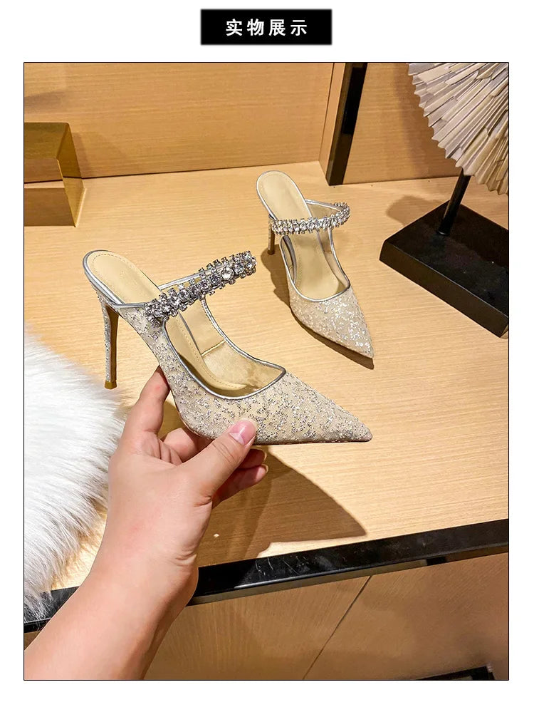New Fashionable Thin Heel Pointed Water Diamond Mesh Hollow Sandals with Design Sense Half Dragged Muller Shoes ForOuterwear Pi-Mart
