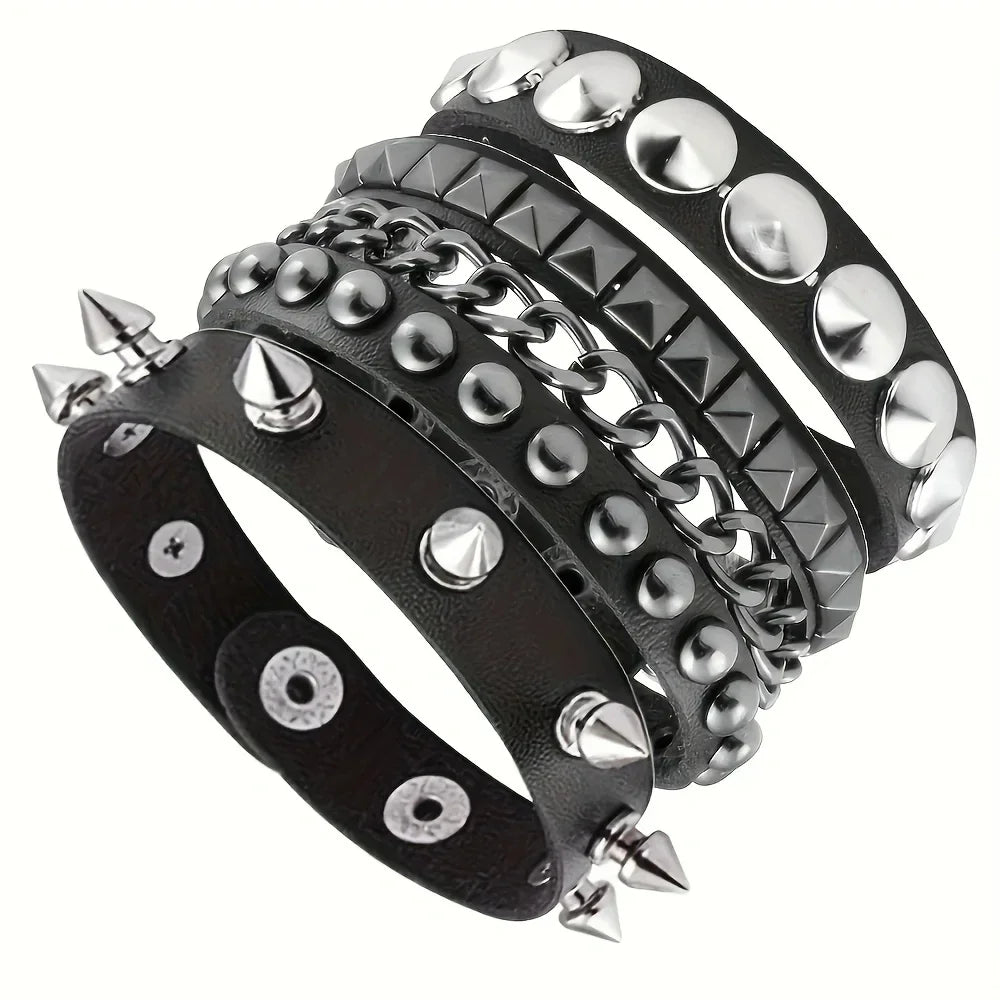 Vintage Leather Bracelets Punk Row Cuspidal Spikes Rivet Stud Wide Cuff PU Leather Punk Gothic Rock Unisex goth accessories Pi-Mart