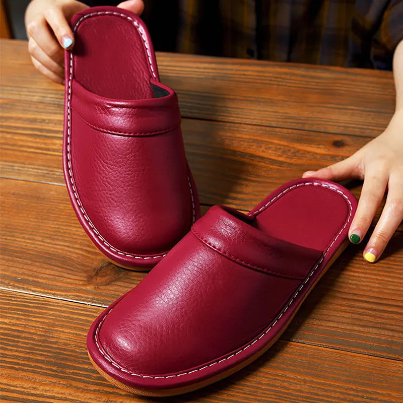 Luxury Men Leather Handmade Women Home Slippers Autumn Winter Plush Slip on Soft Black Brown Bedroom Indoor Flat Men Shoes Pi-Mart