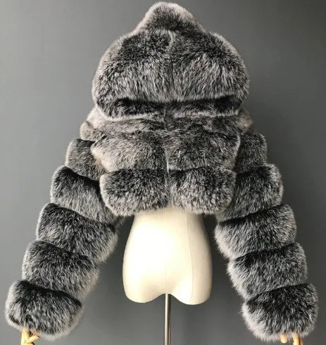 High Quality Furry Cropped Faux Fur Coats Jackets Women Fluffy Top With Hooded Winter Fur Jackets Fourrure Manteau Femme JH137 Pi-Mart